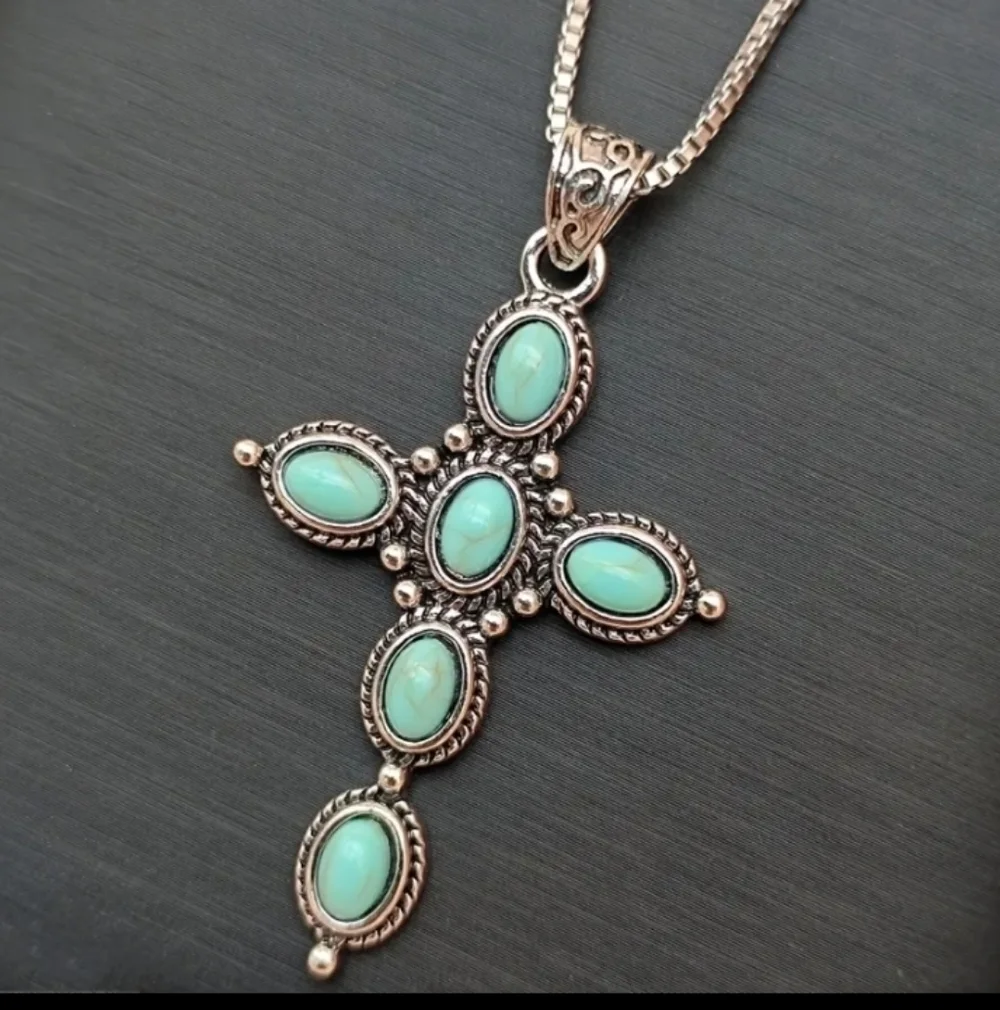Silvertone Turquoise Cross Pendant Necklace